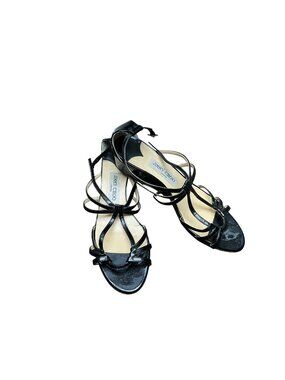 Jimmy Choo Black Patent Leather Strappy Stiletto Sandals Ankle Wrap Heels Sz 39.